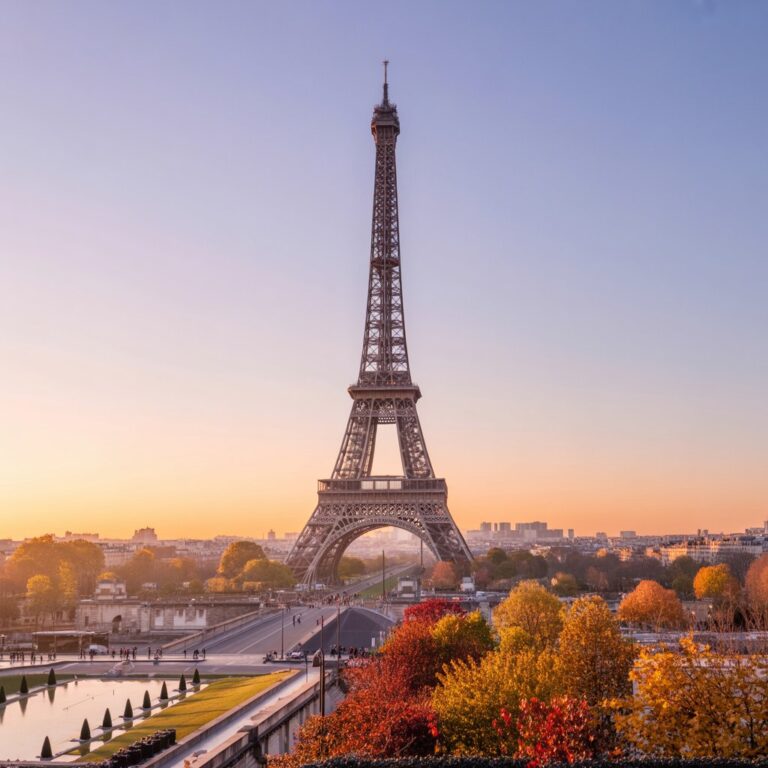 Eiffel Tower at sunrise view from Champ de Mars" loading="lazy"