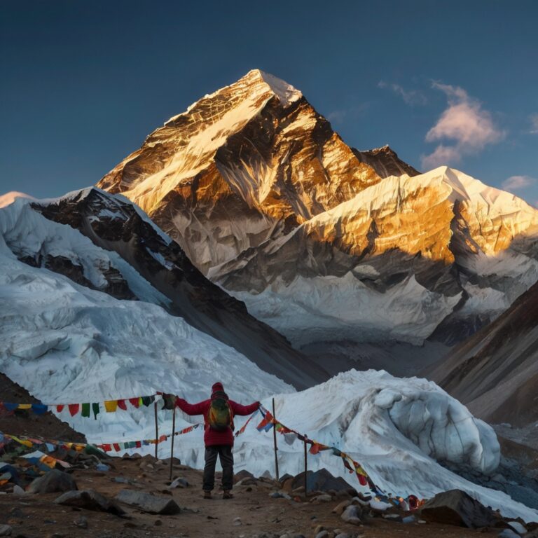 View of Mount Everest and prayer flags from Kala Patthar during EBC trek in Nepal. Real photo of Everest Base Camp trek, Nepal – mountain view and prayer flags.