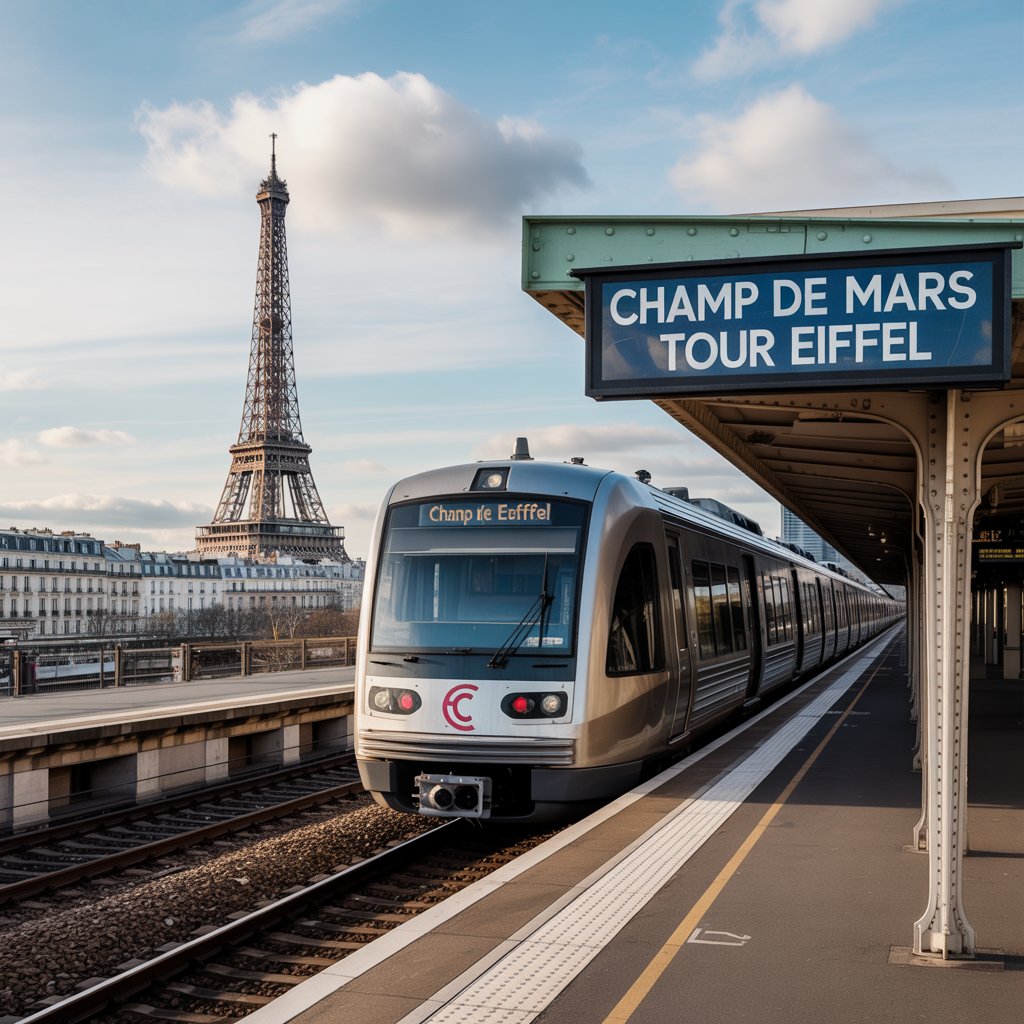 "Paris RER train to Champ de Mars with Eiffel Tower in background" loading="lazy"